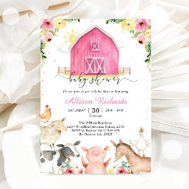 Farm Animals Pink Baby Shower Invitation 招待状