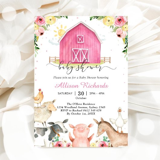 Farm Animals Pink Baby Shower Invitation 招待状