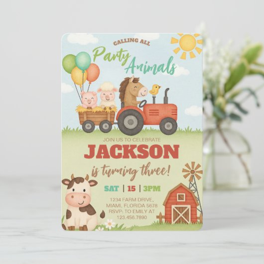 Farm Animals Ranch Kids Birthday 招待状 (スタンド正面)