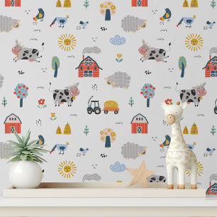 Farm Animals Red Barn Nursery Peel and Stick 壁紙