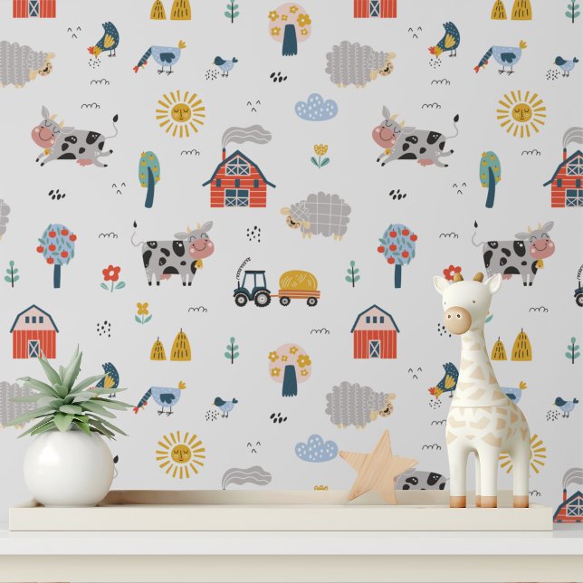 Farm Animals Red Barn Nursery Peel and Stick 壁紙 (クリエイターアップロード済み)