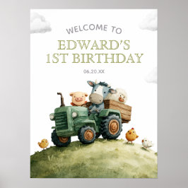 Farm Animals Tractor Birthday Welcome Sign ポスター