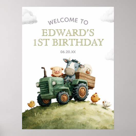 Farm Animals Tractor Birthday Welcome Sign ポスター (正面)