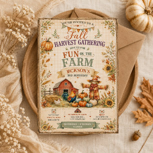 Farm Barn Scarecrow Fall Autumn Little Boy's 3rd 招待状