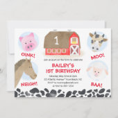 Farm Barnyard Animals Red Gingham Boy Birthday 招待状 (正面)