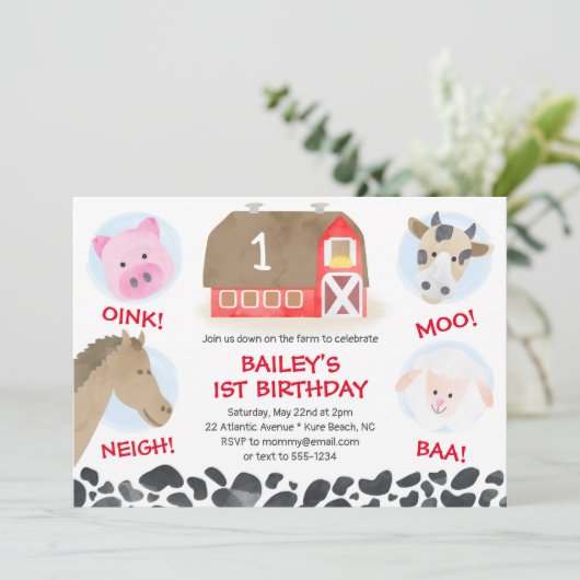 Farm Barnyard Animals Red Gingham Boy Birthday 招待状 (スタンド正面)