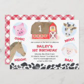 Farm Barnyard Animals Red Gingham Boy Birthday 招待状 (正面/裏面)