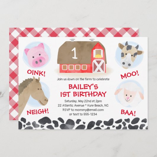 Farm Barnyard Animals Red Gingham Boy Birthday 招待状 (正面/裏面)