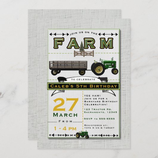 Farm Barnyard Tractor Birthday Party Invitations 招待状 (正面/裏面)