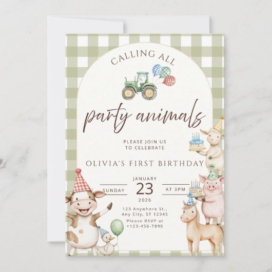 Farm Birthday Invitation Barnyard Party Invite 招待状 (正面)