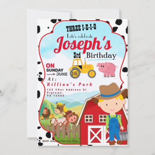 FARM BOY 3rd BIRTHDAY INVITATION THREE-I-I-I-O 招待状 (正面)