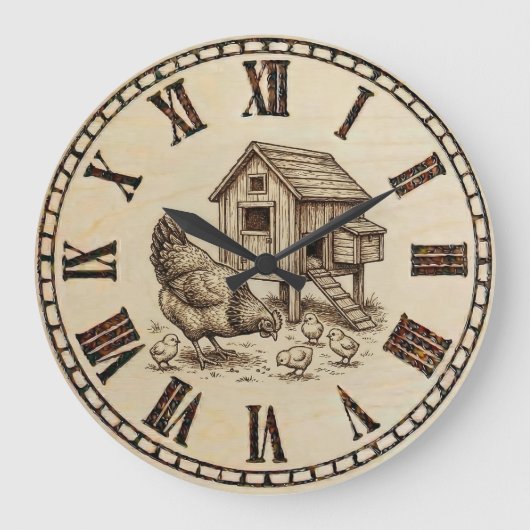 Farm Chicken Wall Clock – Wood-Burned style  ラージ壁時計 (正面)