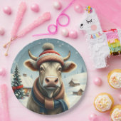 Farm Cow in Preppy Winter Attire and Hat Winter ペーパープレート (パーティー)