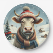 Farm Cow in Preppy Winter Attire and Hat Winter ペーパープレート (正面)