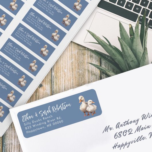 Farm Ducks Return Address Labels Colonial Blue ラベル