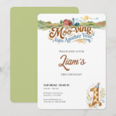 Farm First Birthday Invitation Moo-ving Into One 招待状 (正面/裏面)