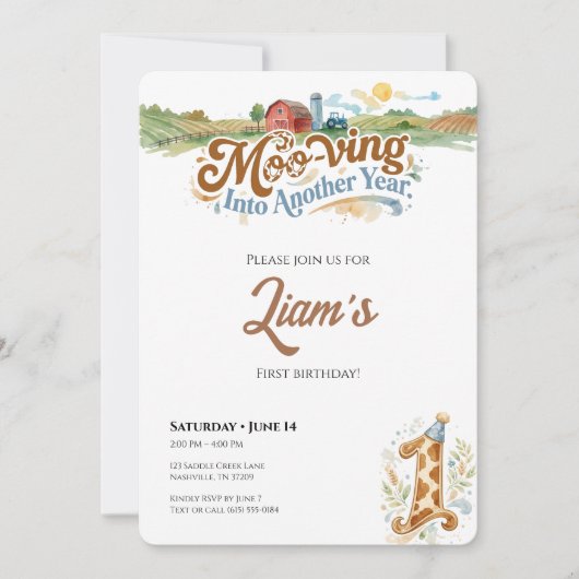 Farm First Birthday Invitation Moo-ving Into One 招待状 (正面)