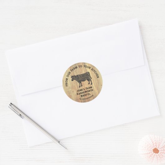 Farm Fresh Beef Sticker | Rustic Cow Logo Label  ラウンドシール (封筒)