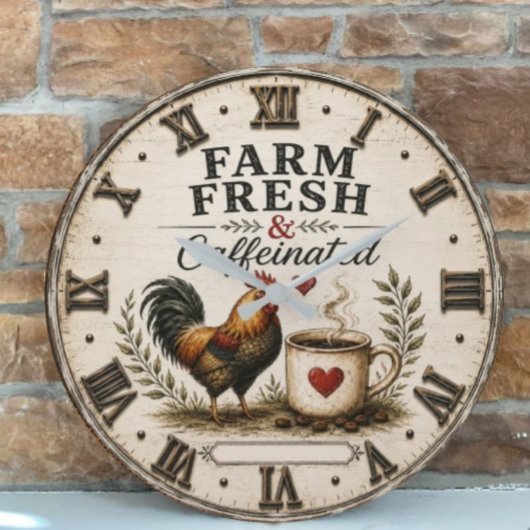 Farm Fresh & Caffeinated Rustic Rooster Coffee ラージ壁時計
