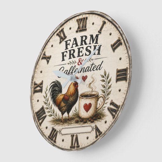 Farm Fresh & Caffeinated Rustic Rooster Coffee ラージ壁時計 (傾斜)