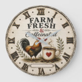 Farm Fresh & Caffeinated Rustic Rooster Coffee ラージ壁時計 (正面)