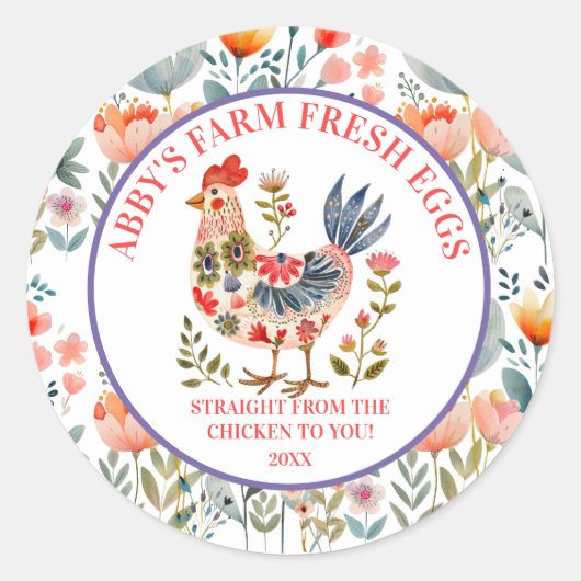 Farm Fresh Eggs Folk Art Chicken ラウンドシール (正面)
