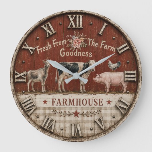 Farm Fresh Farmhouse Animal ラージ壁時計 (正面)