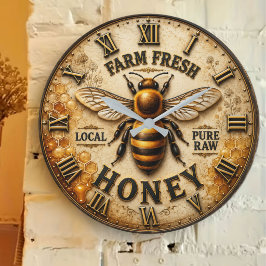 Farm Fresh Honey Bee Beekeeping Farmhouse Decor ラージ壁時計