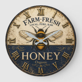 Farm Fresh Honey Bee Beekeeping Farmhouse Kitchen ラージ壁時計