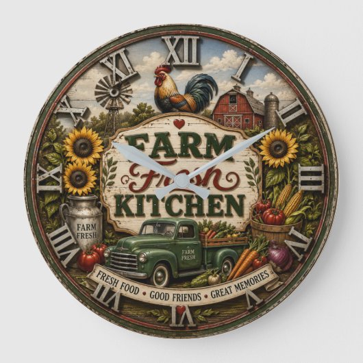Farm Fresh Kitchen Vintage Country Farmhouse  ラージ壁時計 (正面)