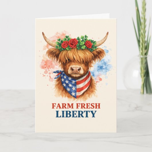 Farm Fresh Liberty Highland Cow Patriotic USA Art カード (正面)