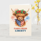 Farm Fresh Liberty Highland Cow Patriotic USA Art カード (黄色い花)