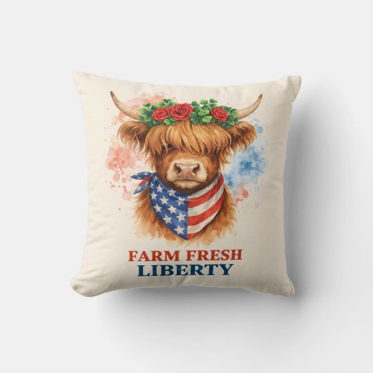 Farm Fresh Liberty Highland Cow Patriotic USA Art クッション (正面)