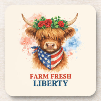 Farm Fresh Liberty Highland Cow Patriotic USA Art コースター