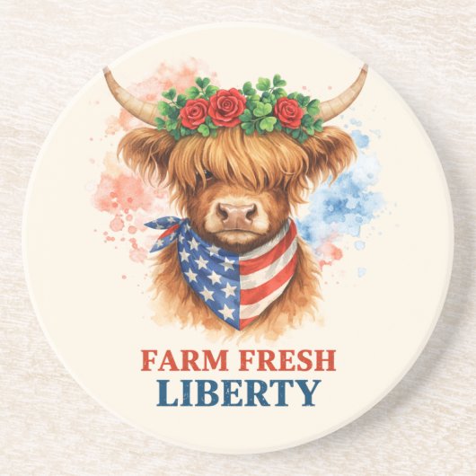 Farm Fresh Liberty Highland Cow Patriotic USA Art コースター (正面)