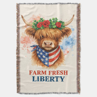 Farm Fresh Liberty Highland Cow Patriotic USA Art スローブランケット