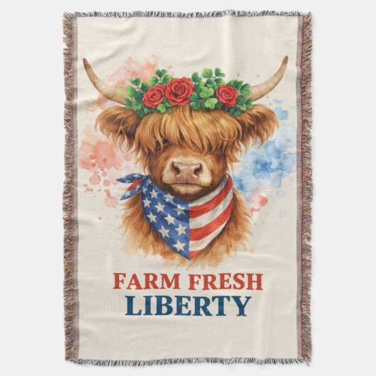 Farm Fresh Liberty Highland Cow Patriotic USA Art スローブランケット (正面縦)