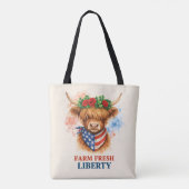 Farm Fresh Liberty Highland Cow Patriotic USA Art トートバッグ (裏面)