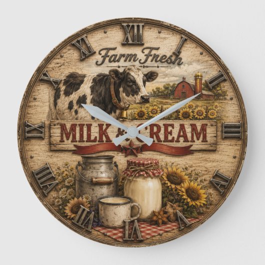 Farm Fresh Milk & Cream Rustic Dairy Farm ラージ壁時計 (正面)