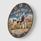 Farm Fresh Milk Dairy Cow Rustic Farmhouse Barn ラージ壁時計 (傾斜)