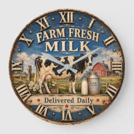 Farm Fresh Milk Dairy Cow Rustic Farmhouse Barn ラージ壁時計