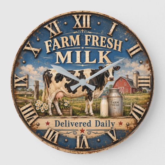 Farm Fresh Milk Dairy Cow Rustic Farmhouse Barn ラージ壁時計 (正面)