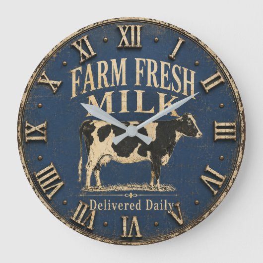 Farm Fresh Milk Delivered Daily Rustic Dairy Farm ラージ壁時計 (正面)