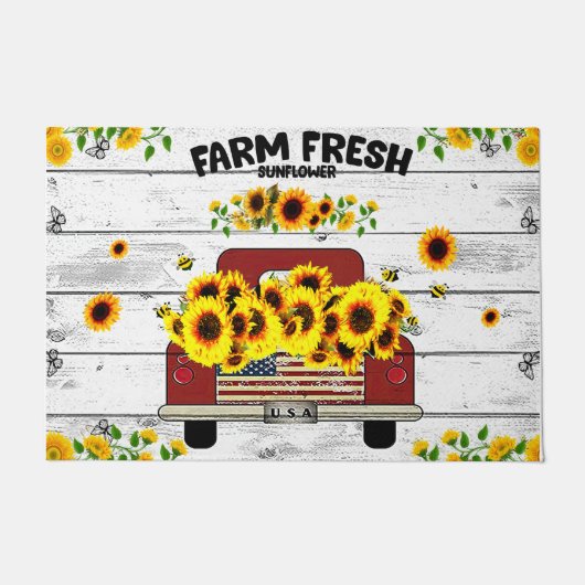 Farm Fresh Sunflower Doormat, Red Truck ドアマット (正面)