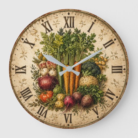 Farm Fresh Vegetables Rustic Farmhouse Kitchen ラージ壁時計 (正面)
