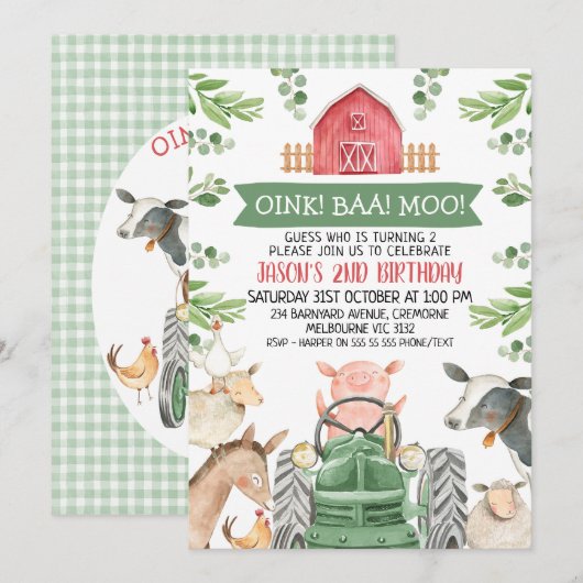 Farm Green Tractor Oink Baa Moo 2nd Birthday 招待状 (正面/裏面)