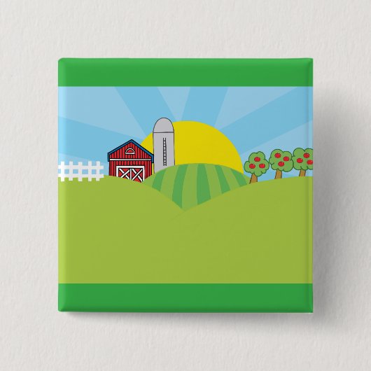 Farm Landscape Red Barn Silo Apple Trees 缶バッジ (正面)