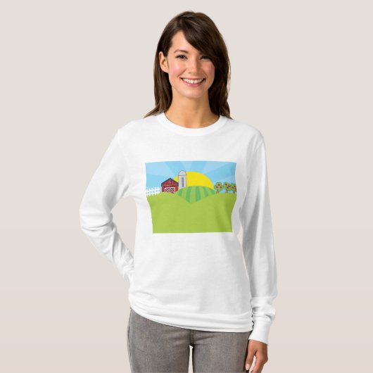 Farm Landscape Red Barn Silo Apple Trees Tシャツ (正面フル)