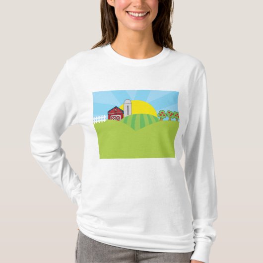 Farm Landscape Red Barn Silo Apple Trees Tシャツ (正面)