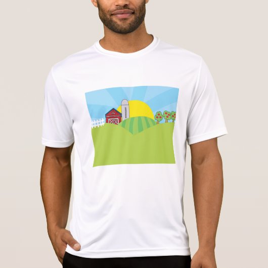 Farm Landscape Red Barn Silo Apple Trees Tシャツ (正面)